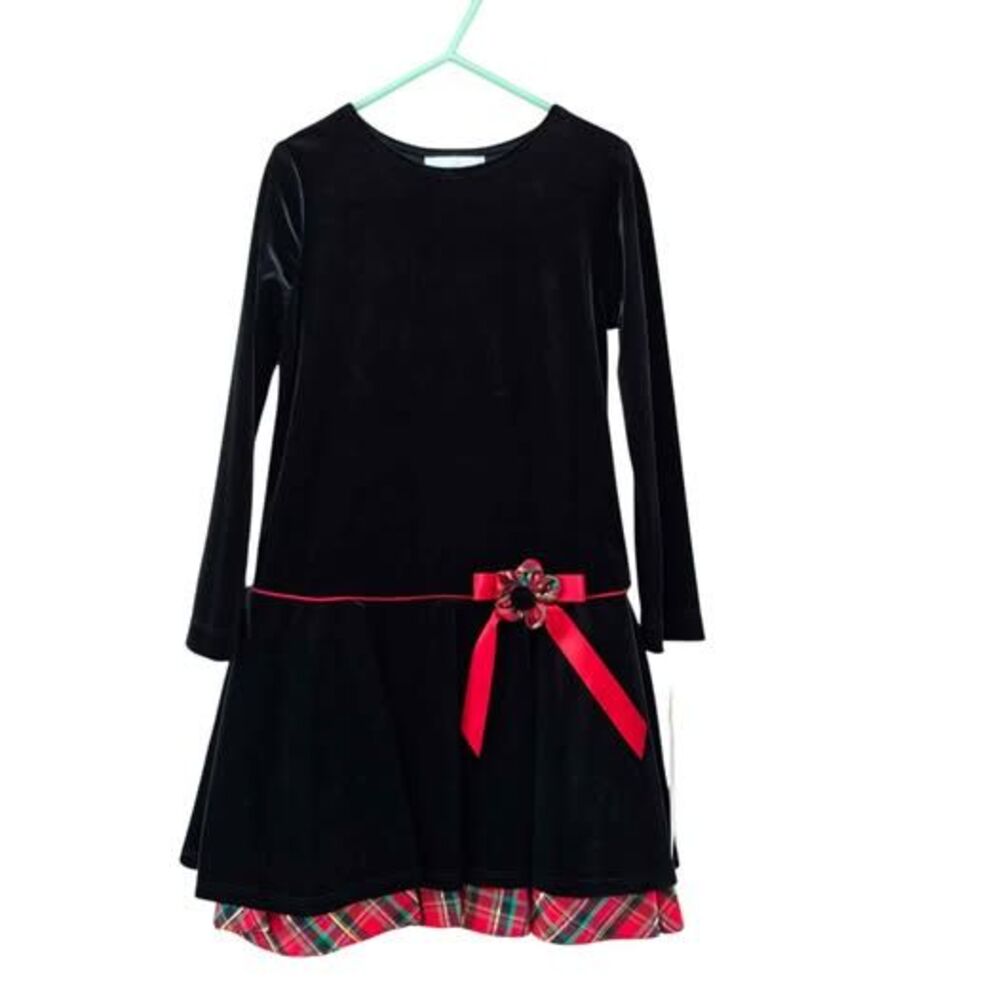Black Velvet Long Sleeve Drop Waist Dress with Plaid Trim & Bow Size 6
